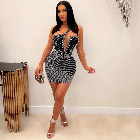 Oblique Shoulder Hot Drill Hip Bag Sleeveless Dress